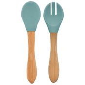 Colher e Garfo Silicone e Bambu Dig In Aqua Green - Minikoioi