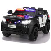 Carro Elétrico Infantil a Bateria Policial com Controle Remoto, Sirene, Luzes Piscantes, Música via Blueooth e Suspensão de Mola, 12V, TOBBI, Preto e