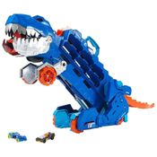 Transportador T Rex para até 20 Carros com Pista de Corrida, Luzes e Sons, Escala 1:64, Hot Wheels