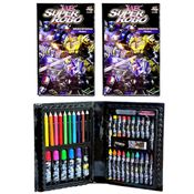 2 Maletas de Colorir Transformers Meninos Estojo Desenhos Lápis Canetinha Giz 48pçs