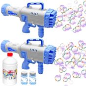 2 Super Bazucas Pistola Lança Bolhas de Sabão Bolinhas 32 furos Azul + Refil 1 Litro