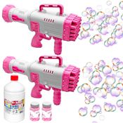 2 Super Bazucas Pistola Lança Bolhas de Sabão Bolinhas 32 furos Rosa + Refil 1 Litro