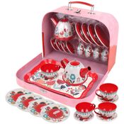 Jogo de Chá Infantil 15 Peças com Tema Floral e Estojo de Transporte para Crianças Acima de 3 Anos, KIDDIE PLAY, Vermelho e Rosa