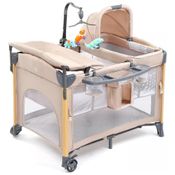 Berço Cercado Portátil com Trocador, Colchão, Lençol, Dossel, Prateleira e Brinquedo Suspenso, JOYMOR, Bege