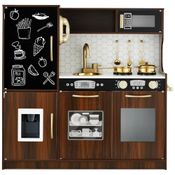 Cozinha Infantil com Design Realista, Telefone, Utensílios, Forno, Micro-Ondas e Pia para Crianças Acima de 3 Anos, Best Choice Products, Marrom e