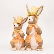 Dupla Coelho de Páscoa Com Chapéu e Flores Laranja Decoração