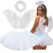 Fantasia Feminina de Carnaval Kit Acessorios Anjo Branca Kit Saia Asas com Auréola -
