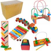 BAÚ DE MADEIRA + 6 BRINQUEDOS EDUCATIVOS DE MADEIRA