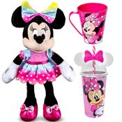 Kit Especial Boneca de Pelúcia Minnie Rainbow Rosa 40cm Rosa + Copo e Caneca
