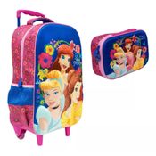 Kit Mochila 3D Princesas de Rodinhas + Estojo Box 3D Infantil Feminino Rosa Meninas