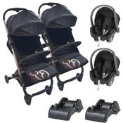 CARRINHO PARA GÊMEOS DUOLEE PRETO COBRE + BEBE CONFORTO + BASE - GALZERANO