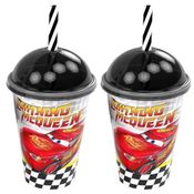 2 Copos com Canudo e Tampa Estampa do Carros Relâmpago Mcqueen 280ml Plasúitl