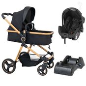 Carrinho Moises Ivy Preto e Dourado com Bebe Conforto Grid e Base - Galzerano