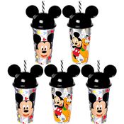 4 Copos Mickey com Canudo e Orelhas p/ Sacola Surpresa Aniversário Infantil
