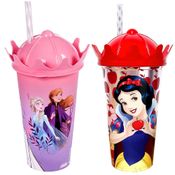 2 Copos Shake Tampa de Coroa Com Canudo Princesas Frozen E Branca De Neve Plasútil