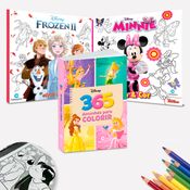 Kit 3 Livros Para Pintar Colorir Desenhar Disney Princesas Frozen e Minnie Mouse Diversão 365 Desenhos