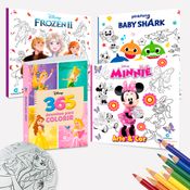 Kit 4 Livros Para Pintar Colorir Desenhar Disney Princesas Frozen BabyShark e Minnie Mouse Diversão 36 Desenhos