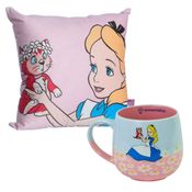 Kit Alice No País Das Maravilhas, Caneca Cerâmica 400mL + Almofada 40x40cm, Original Zona Criativa