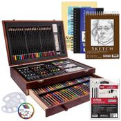 Lápis de Cor Profissional 162Pcs Maleta de Madeira para Pintura e Desenho, US ART SUPPLY 142 PPBW, Marrom