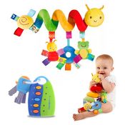 Kit Pelúcia Móbile Chocalho Centopeia e Chave Musical Azul Brinquedo Bebê Criança