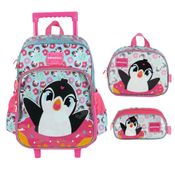 Kit Mochila Sem Alça Lancheira Estojo Luxcel Pinguim Verde