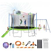 Cama Elastica Capacidade até 10 kg com Cesta de Basquete, Balanço, Escorregador, Luz LED e Jato de Água Kids, Lyromix, Verde