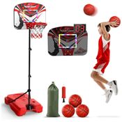 Cesta de Basquete com 3 Bolas, Placar Eletrônico, Iluminação LED, Sons de Torcida e Altura Ajustável de 90 cm a 1,8 metros, Eaglestone, Vermelho e