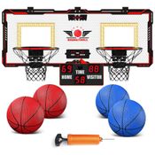 Cesta de Basquete Dupla Interna para 2 Jogadores com Placar Eletrônico, 4 Bolas e Bomba de Ar Incluída, VATOS, Preta e Vermelho