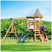 Playground com Parede de Escalada Infantil ROBUD Conjunto de Balanço para Quintal, Brinquedo Infantil em Madeira, com 2 Balanços, Escorregador.