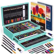 Kit Lápis de Cor Profissional com Maleta de Madeira 175 Peças e Tintas Acrílicas, Aquarela, Color More, Azul