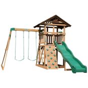 Playground Infantil de Madeira Cedro com Escorregador de 3 Metros, 2 Balanços de Cinto e Parede de Escalada, Backyard Discovery, Verde