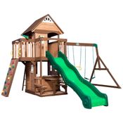 Playground Infantil de Madeira com Mesa de Pequinique, Parede de Escalada, Escorregador, 2 Balanços e Barra de Acrobacia, Backyard Discovery, Verde