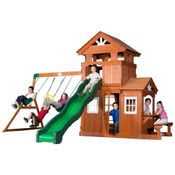 Playground Infantil com Banco para Lanche, Parede de Escalada, Escorregador de 3 Metros, 2 Balanços e Barra de Acrobacias, Backyard Discovery, Verde