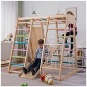 Playground Interno Avenlur Magnolia 7-em-1, com Escorregador, Parede de Escalada, Rede de Escalada, Barra de Macaco e Balanço, Estilo Waldorf.