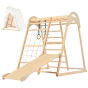 Playground OLLIKIVI Parquinho Indoor Jungle Gym, Brinquedo de Escalada Montessori de Madeira com Tenda, Escorregador, Argolas e Rede para Criança