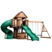 Playground Infantil de Madeira com Cozinha Compacta, Parede de Escalada, Escorregador, Tobogã, Telescópio e 2 Balanços, Backyard Discovery, Verde