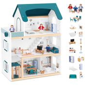 Casa de Bonecas de Madeira com Elevador, 21 Peças de Móveis, 4 Bonecas e 1 Animal de Estimação para Crianças de 3 a 12 Anos, TookyToy, Verde e Branco