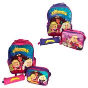 Mochila Escolar Com Rodinha Infantil Estojo e Lancheira Princesas Kit Para Estudar