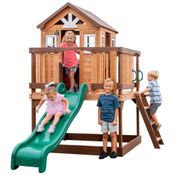 Casinha Infantil de Madeira para Área Externa com Escorregador de Ondas, Deck, Escada e Régua de Crescimento, Backyard Discovery 2102316, Marrom