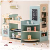 Mini Mercado Educativo de Madeira ROBUD com Caixa Registradora, Cafeteira, Máquina de Lanches e Forno - Presente Perfeito para Crianças de 3 Anos