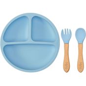 KIT REFEICAO PRATO COM DIVISORIA + TALHERES SILICONE AZUL - BUBA