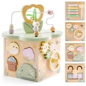 Cubo de Atividades Educativo de Madeira ROBUD, Brinquedo Educativo com 7 Áreas Funcionais, Tema Jardim de Flores, para Meninos e Meninas de 1 Ano
