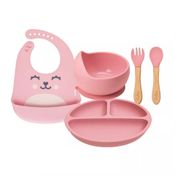 Kit Introducao Alimentar Prato Bowl Babador Gumy e Talheres Rosa Buba