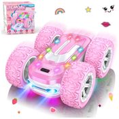 Carrinho de Controle Remoto Rosa para Meninas, Carro RC com Adesivos Personalizáveis, Luzes Coloridas e Acrobacias 4WD - 360° de Giro,Kazswitle