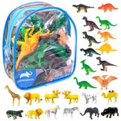 Kit de Animais premium com Mochila 24 Bichos do Safari e Dinossauros e Arbustos