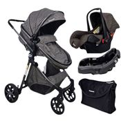 CARRINHO EUROPEU LUXO COM BOLSA ARES CHOCOLATE + BEBE CONFORTO E BASE - PASSEAR BABY