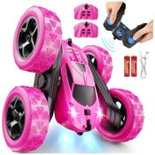 Carrinho de Controle Remoto Rosa para Meninas, Carro de Acrobacias RC Dupla Face 360 com Faróis, Brinquedo para Aniversário de 6 a 12 Anos,QUNREDA