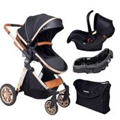 CARRINHO EUROPEU LUXO COM BOLSA ARES PRETO + BEBE CONFORTO E BASE - PASSEAR BABY