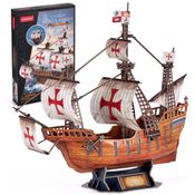 Quebra Cabeças 3D para Adultos, Tema Navio Espanhol Santa Maria com 204 Peças, CubicFun, Marrom