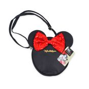 Bolsa Transversal Minnie Disney Oficial com Orelhas, Lacinho Vermelho de Lantejoulas, Alça Ajustável e Fechamento em Zíper – Infantil e Estilosa